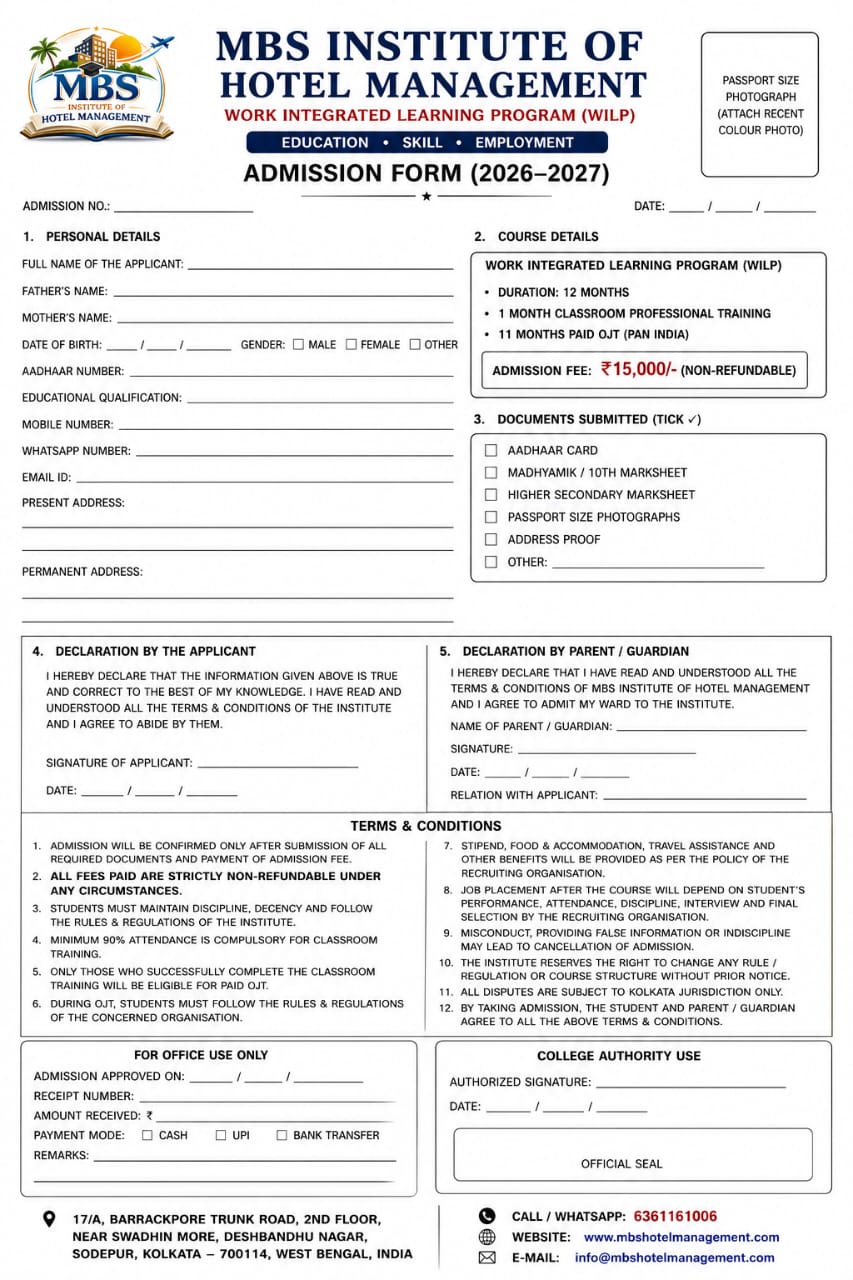 MBS Institute admission form preview