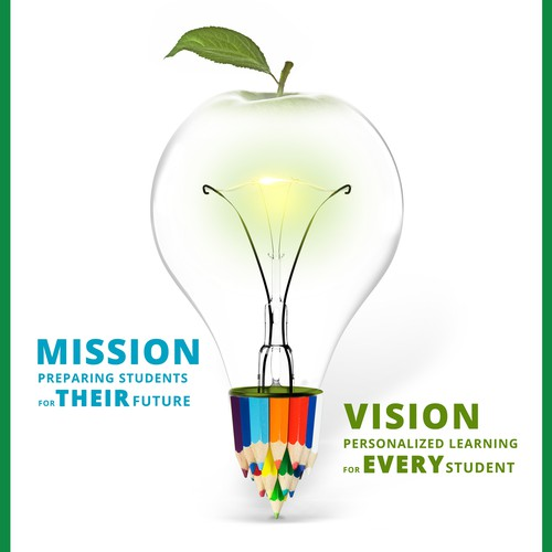 Mission and vision represented by an apple-shaped lightbulb and coloured pencils
